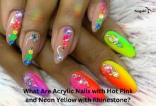 acrylic nails with hot pink and neon yellow with rhinestone