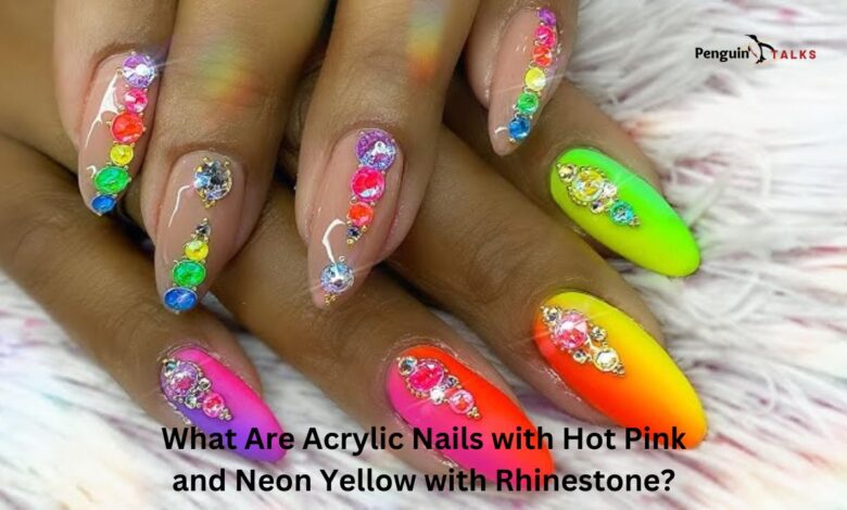 acrylic nails with hot pink and neon yellow with rhinestone