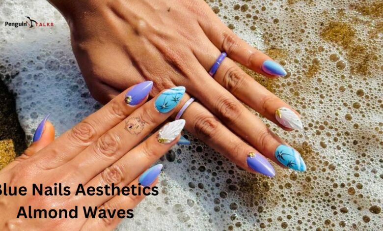 blue nails aesthetics almond waves